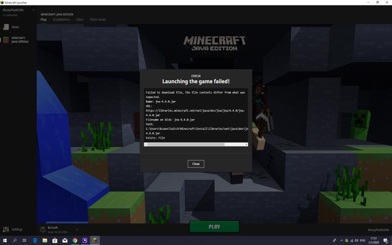 Failed To Download File, The File Contents Differ From What Was Expected. Name: Jna-4.4.0.jar